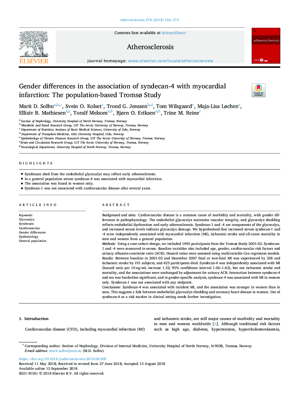 Gender differences in the association of syndecan-4 with myocardial infarction: The population-based TromsÃ¸ Study