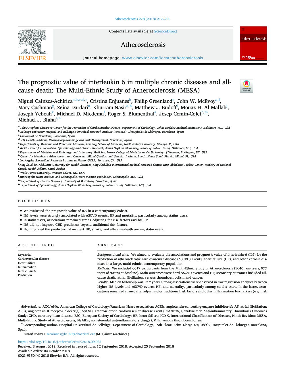 The prognostic value of interleukin 6 in multiple chronic diseases and all-cause death: The Multi-Ethnic Study of Atherosclerosis (MESA)