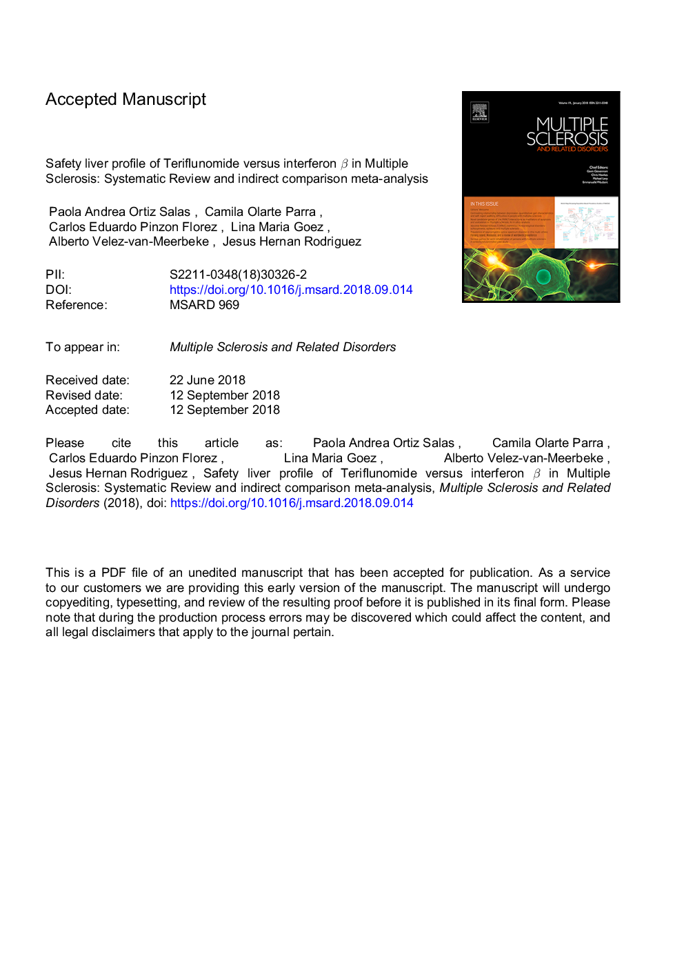 Safety liver profile of teriflunomide versus interferon Î² in multiple sclerosis: Systematic review and indirect comparison meta-analysis