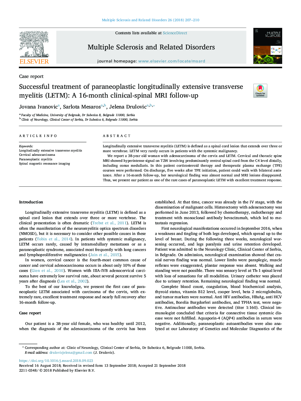 Successful treatment of paraneoplastic longitudinally extensive transverse myelitis (LETM): A 16-month clinical-spinal MRI follow-up