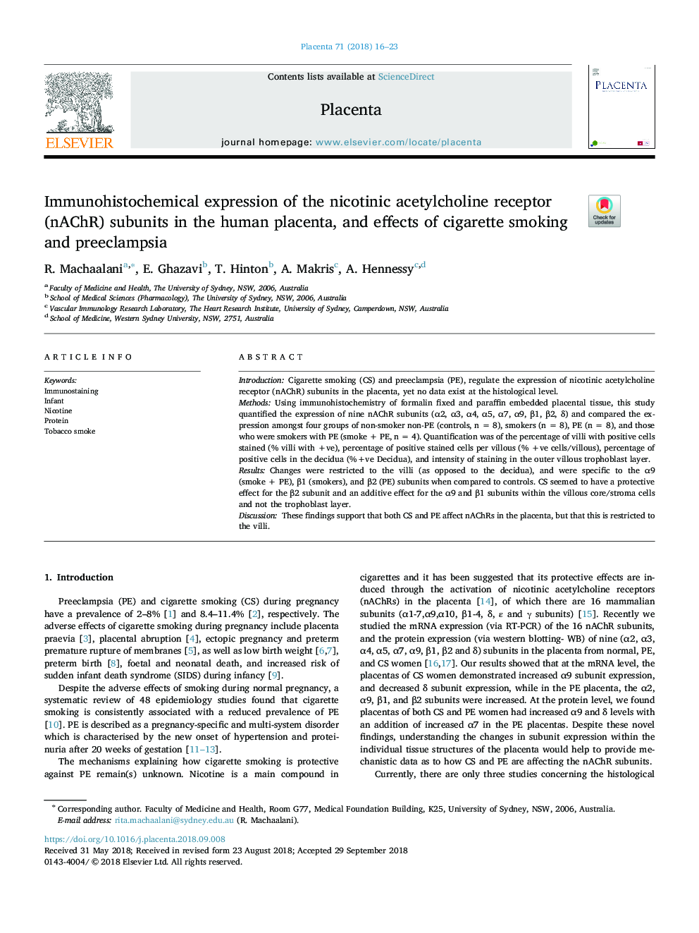 Immunohistochemical expression of the nicotinic acetylcholine receptor (nAChR) subunits in the human placenta, and effects of cigarette smoking and preeclampsia