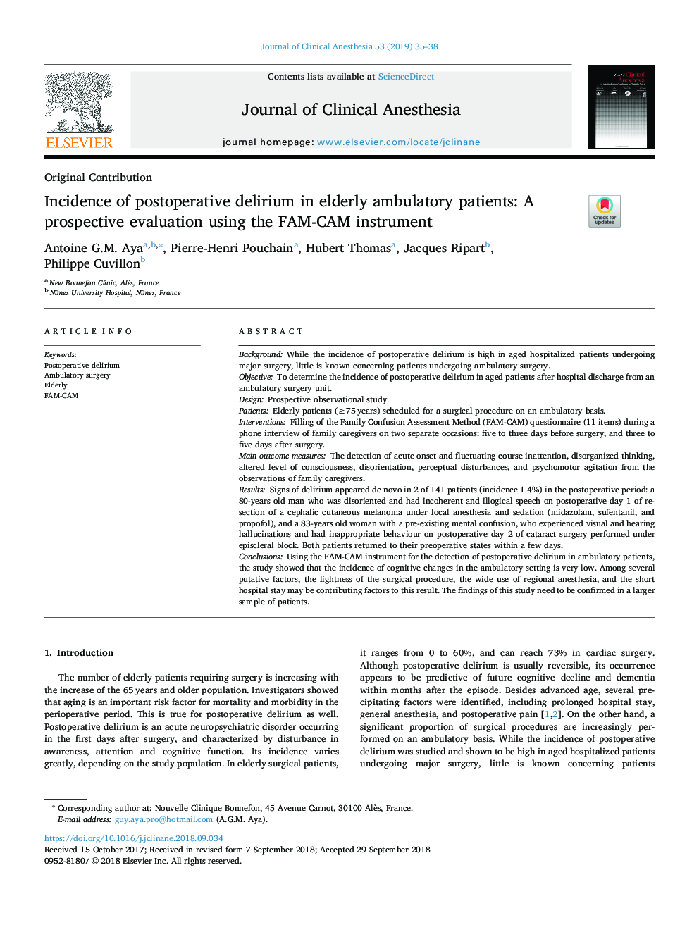 Incidence of postoperative delirium in elderly ambulatory patients: A prospective evaluation using the FAM-CAM instrument