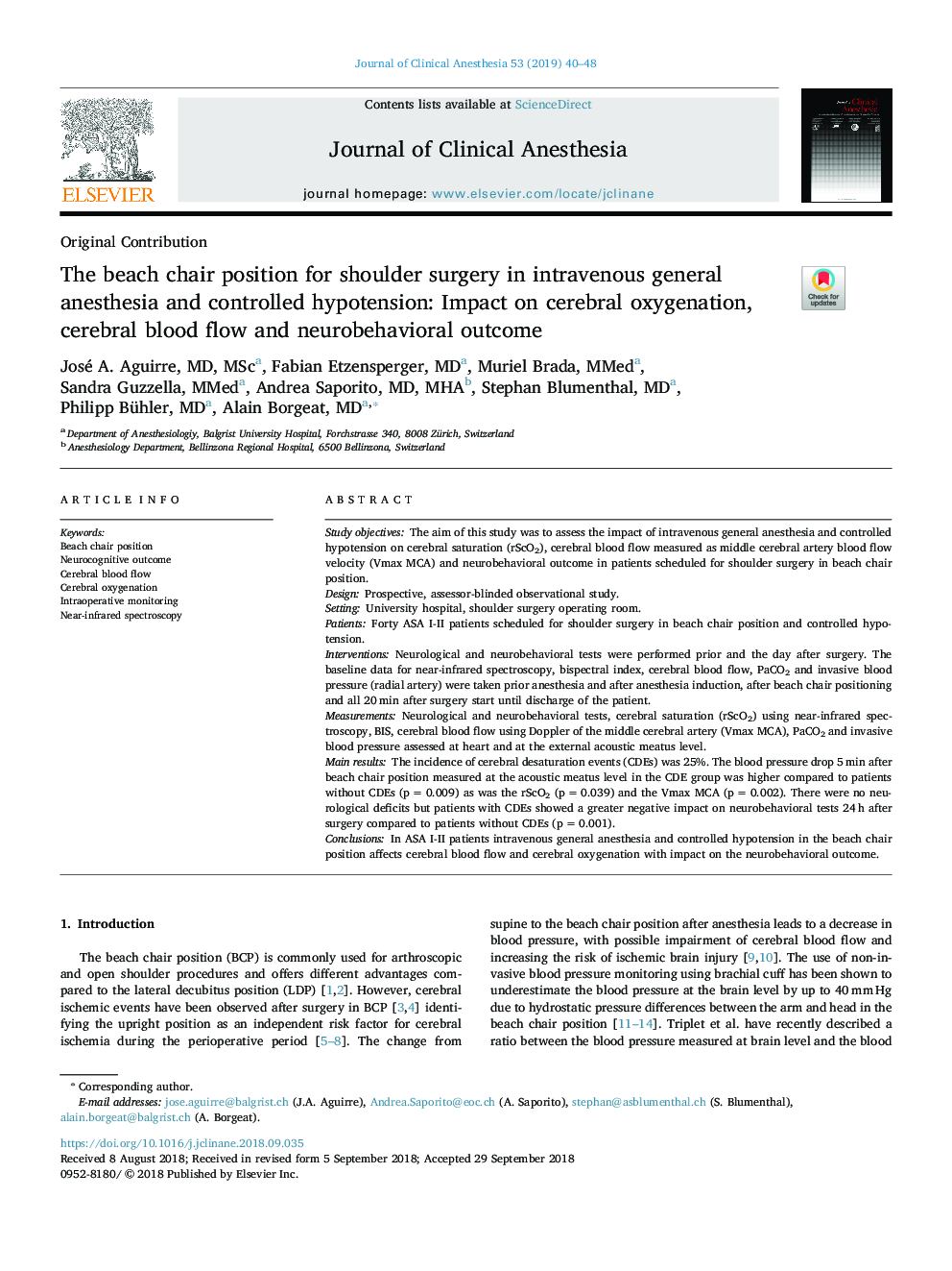 The beach chair position for shoulder surgery in intravenous general anesthesia and controlled hypotension: Impact on cerebral oxygenation, cerebral blood flow and neurobehavioral outcome