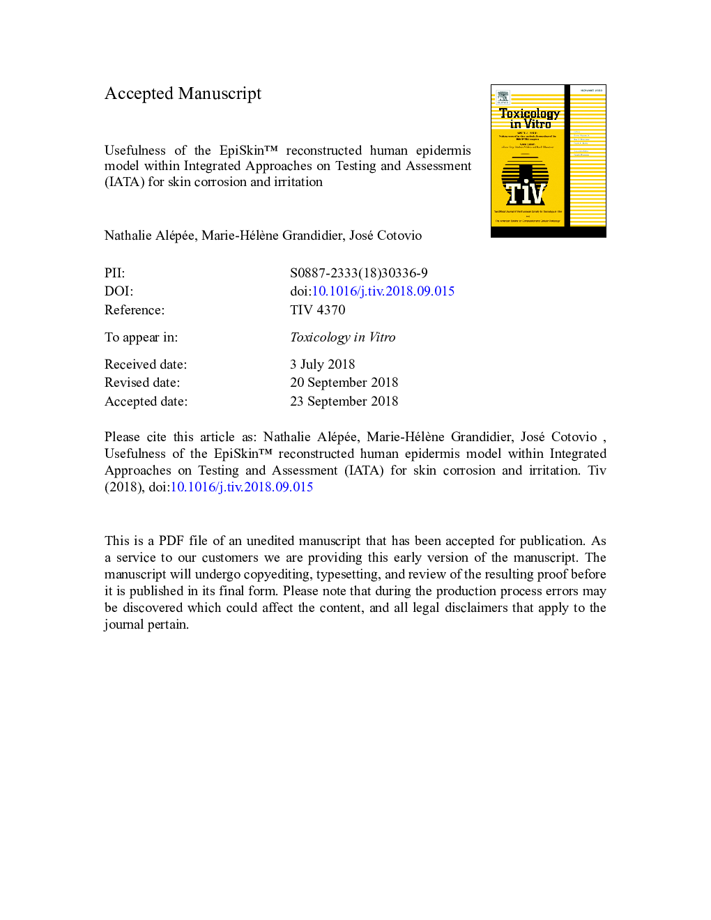 Usefulness of the EpiSkinâ¢ reconstructed human epidermis model within Integrated Approaches on Testing and Assessment (IATA) for skin corrosion and irritation