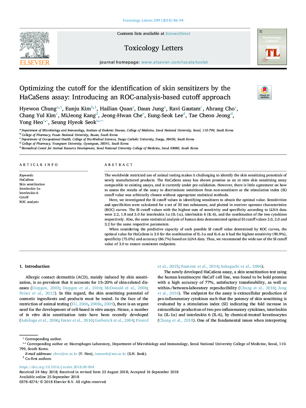 Optimizing the cutoff for the identification of skin sensitizers by the HaCaSens assay: Introducing an ROC-analysis-based cutoff approach