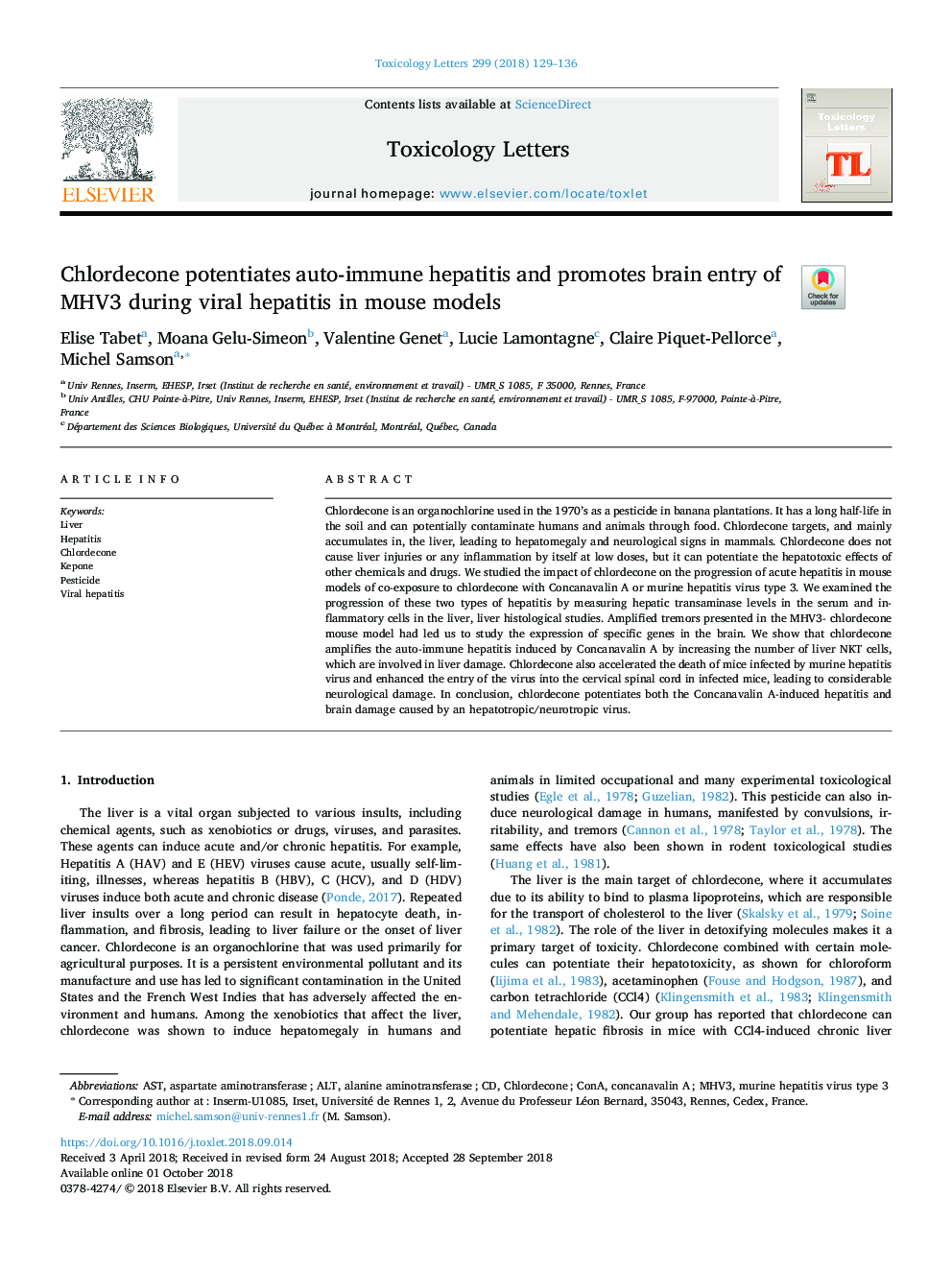 Chlordecone potentiates auto-immune hepatitis and promotes brain entry of MHV3 during viral hepatitis in mouse models