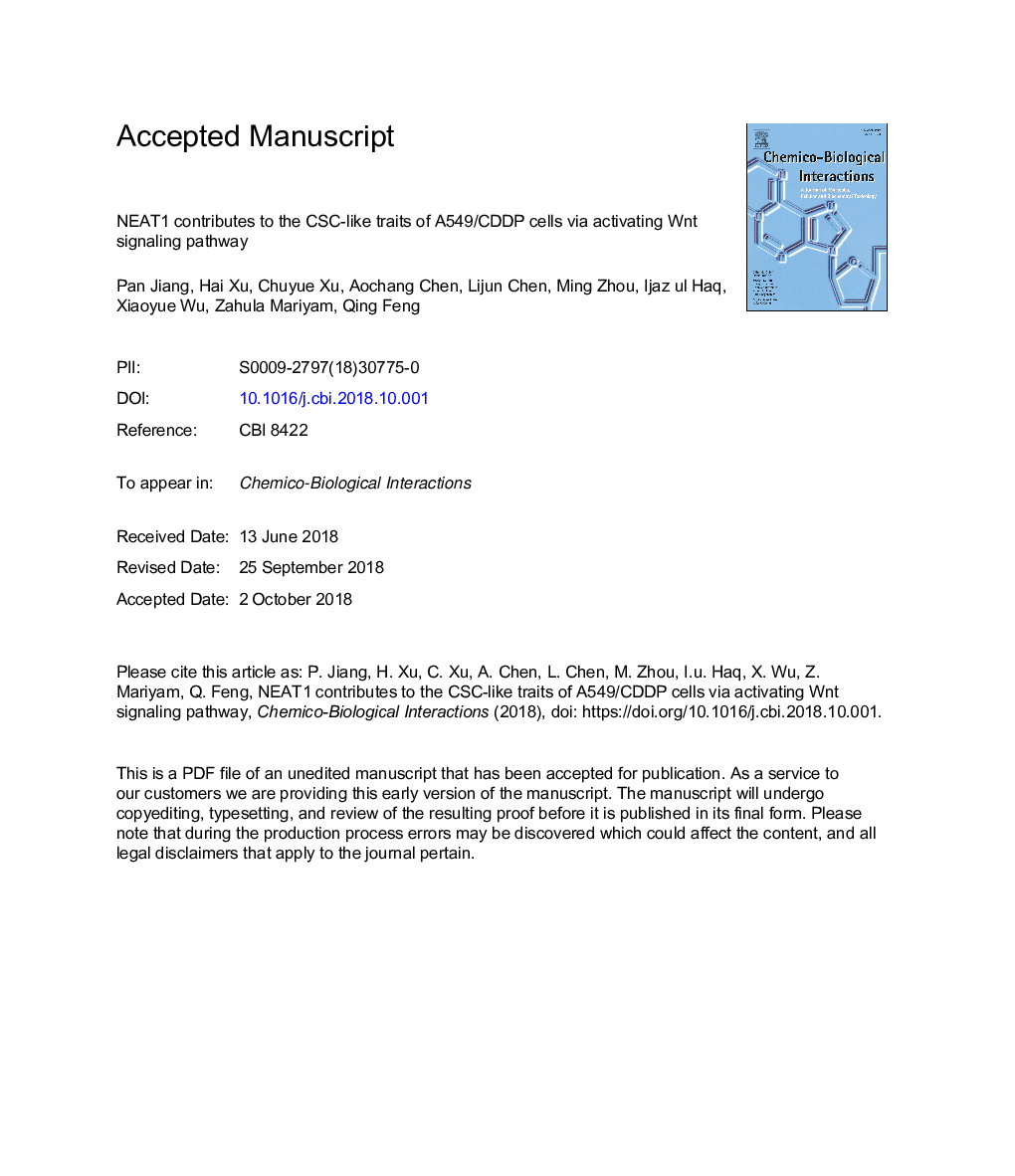 NEAT1 contributes to the CSC-like traits of A549/CDDP cells via activating Wnt signaling pathway