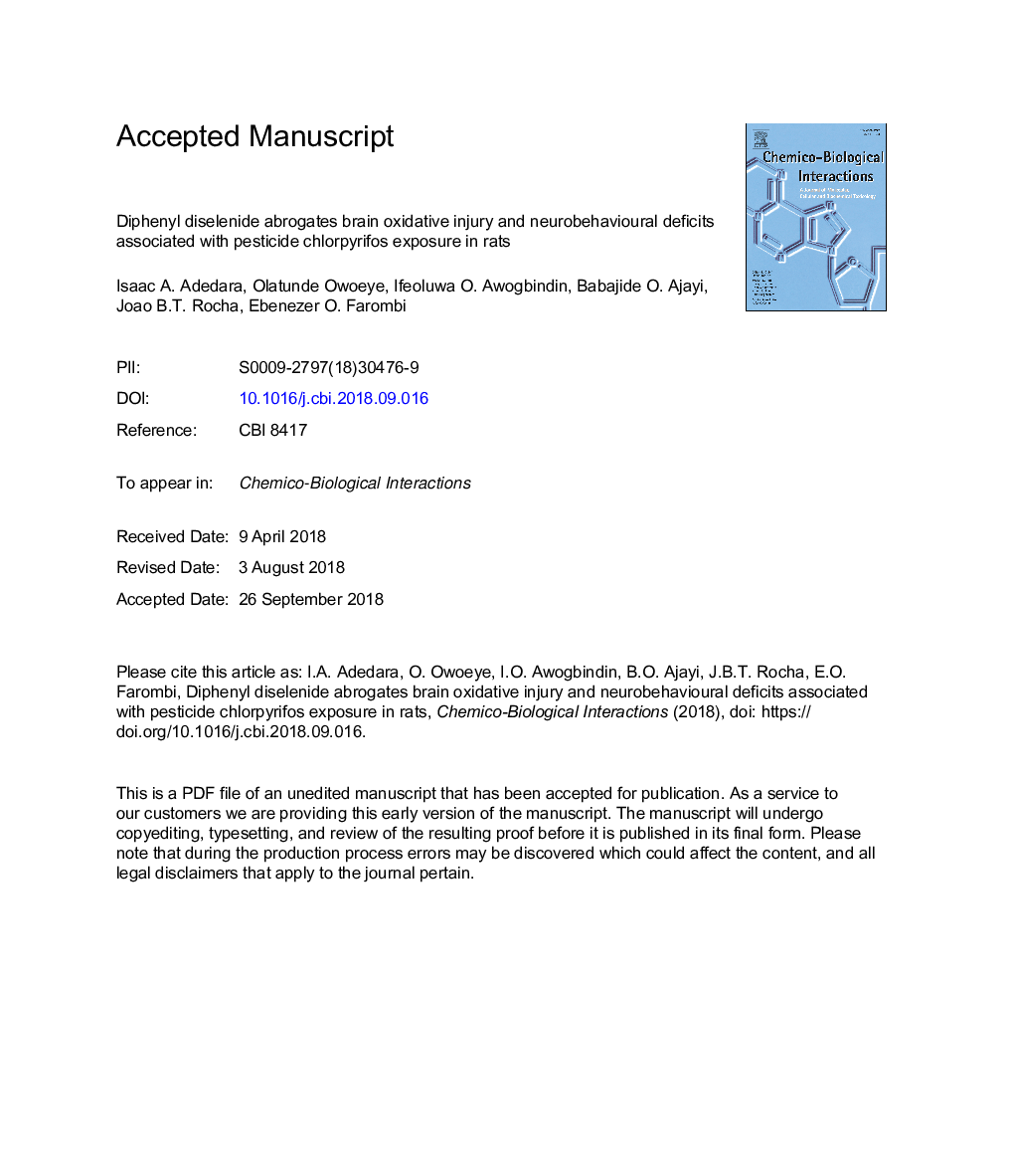 Diphenyl diselenide abrogates brain oxidative injury and neurobehavioural deficits associated with pesticide chlorpyrifos exposure in rats