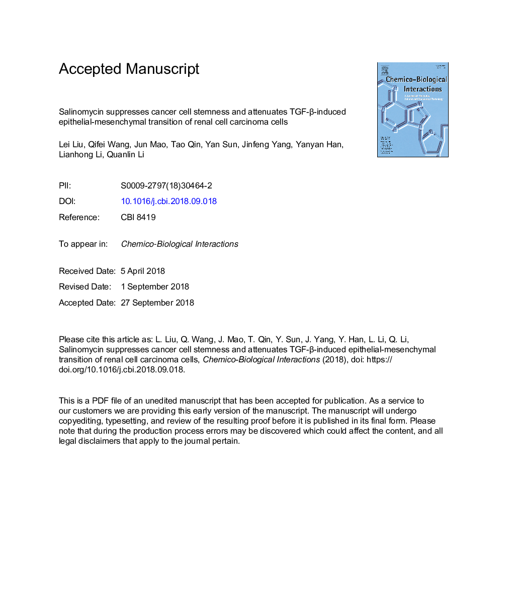 Salinomycin suppresses cancer cell stemness and attenuates TGF-Î²-induced epithelial-mesenchymal transition of renal cell carcinoma cells