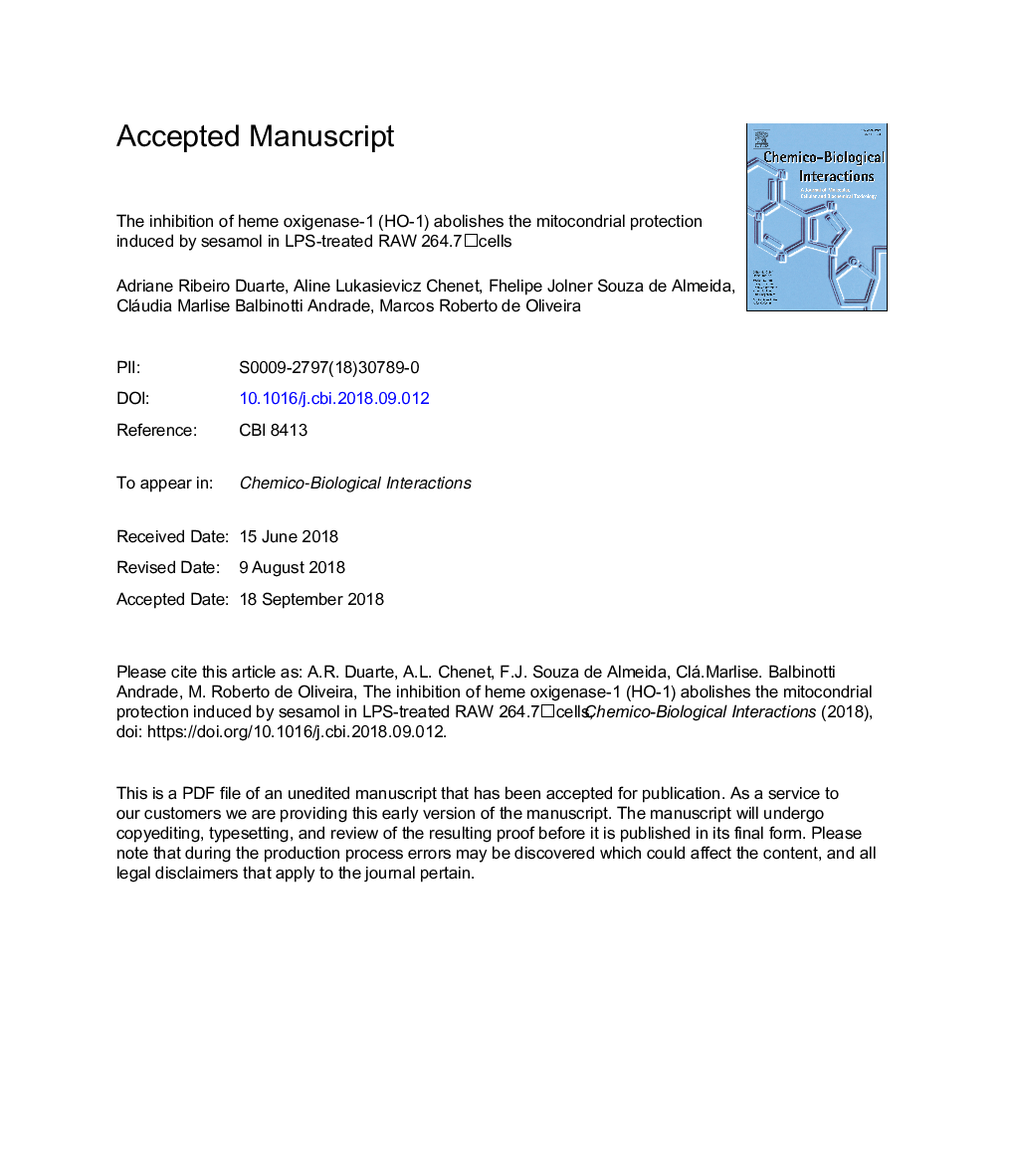 The inhibition of heme oxigenase-1 (HO-1) abolishes the mitochondrial protection induced by sesamol in LPS-treated RAW 264.7â¯cells