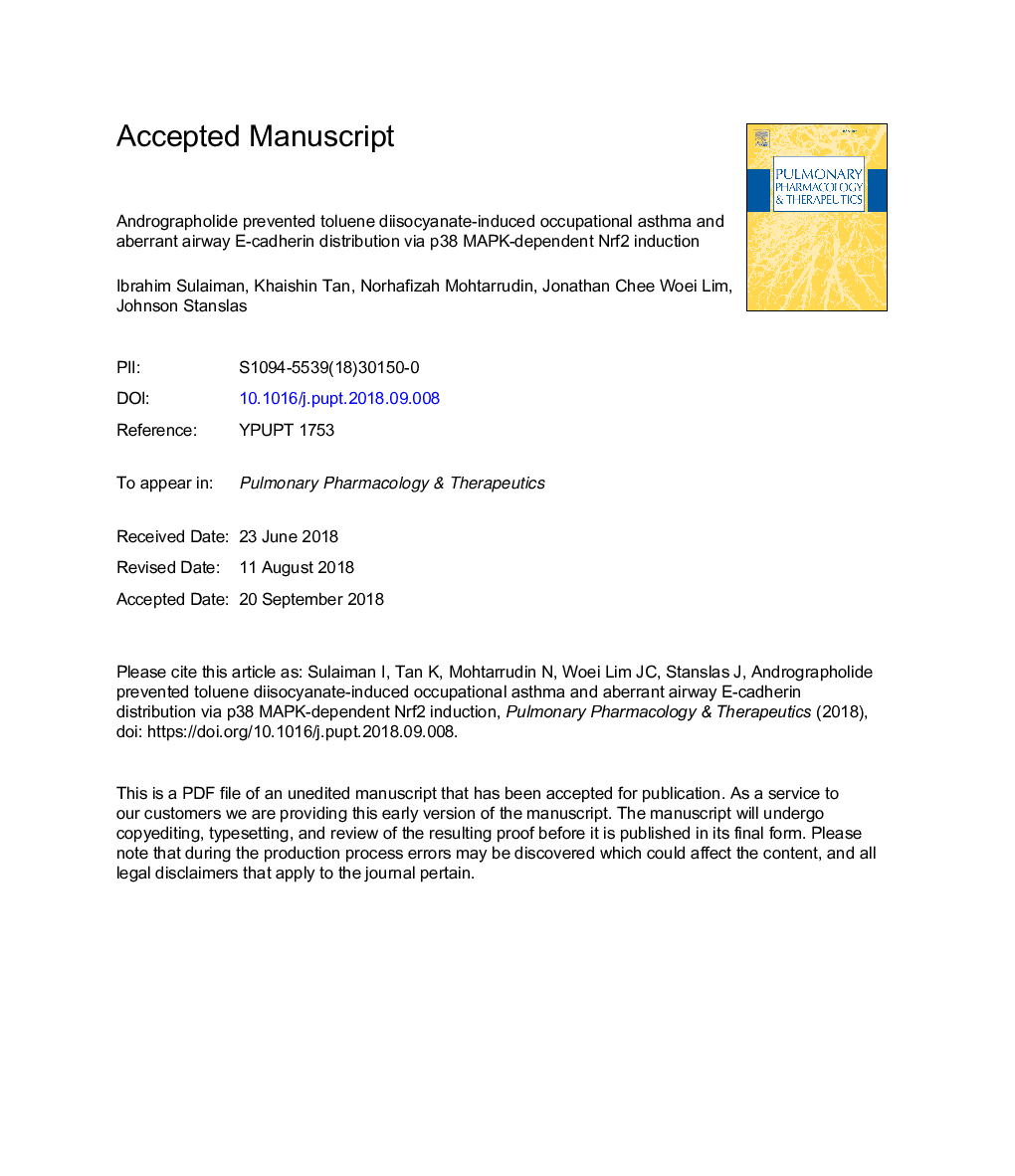 Andrographolide prevented toluene diisocyanate-induced occupational asthma and aberrant airway E-cadherin distribution via p38 MAPK-dependent Nrf2 induction