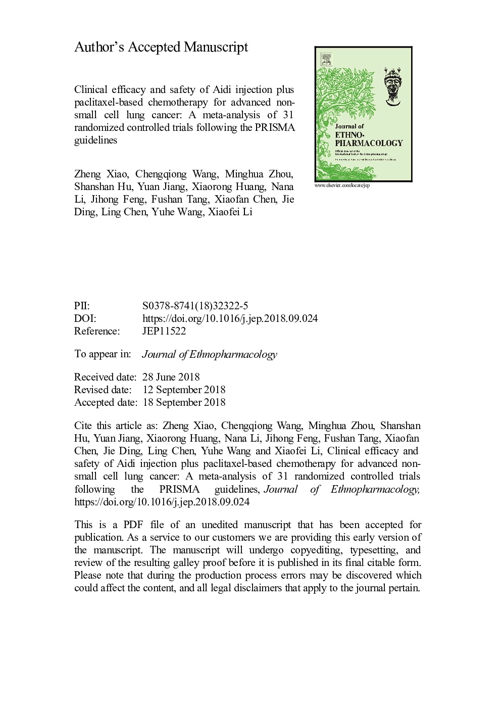 Clinical efficacy and safety of Aidi injection plus paclitaxel-based chemotherapy for advanced non-small cell lung cancer: A meta-analysis of 31 randomized controlled trials following the PRISMA guidelines