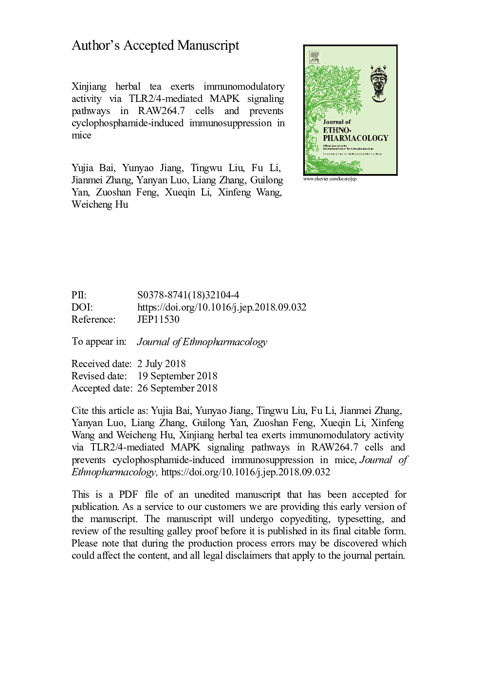 Xinjiang herbal tea exerts immunomodulatory activity via TLR2/4-mediated MAPK signaling pathways in RAW264.7 cells and prevents cyclophosphamide-induced immunosuppression in mice