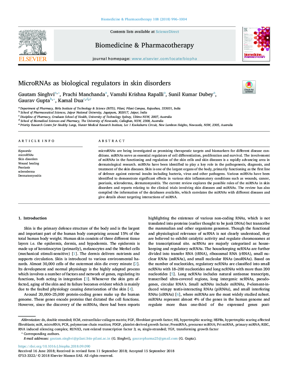 MicroRNAs as biological regulators in skin disorders