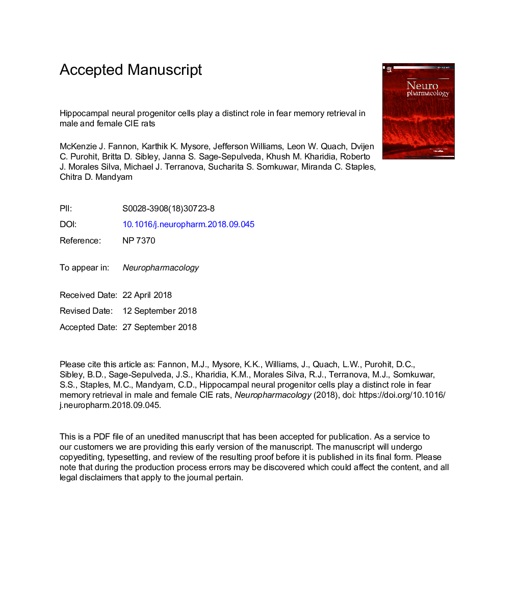 Hippocampal neural progenitor cells play a distinct role in fear memory retrieval in male and female CIE rats