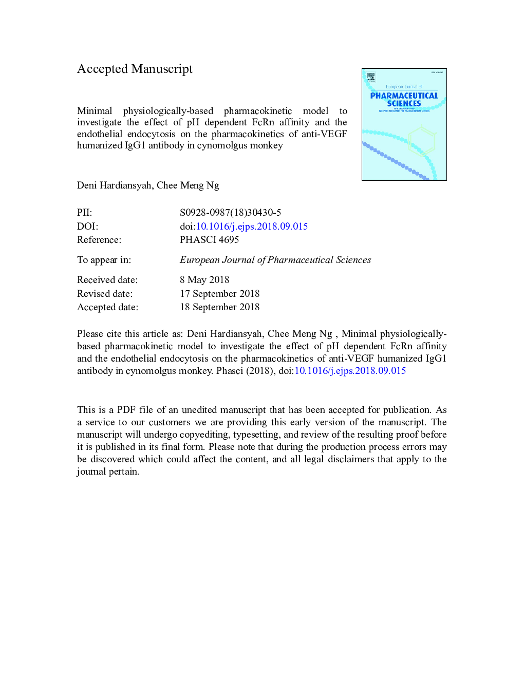 Minimal physiologically-based pharmacokinetic model to investigate the effect of pH dependent FcRn affinity and the endothelial endocytosis on the pharmacokinetics of anti-VEGF humanized IgG1 antibody in cynomolgus monkey