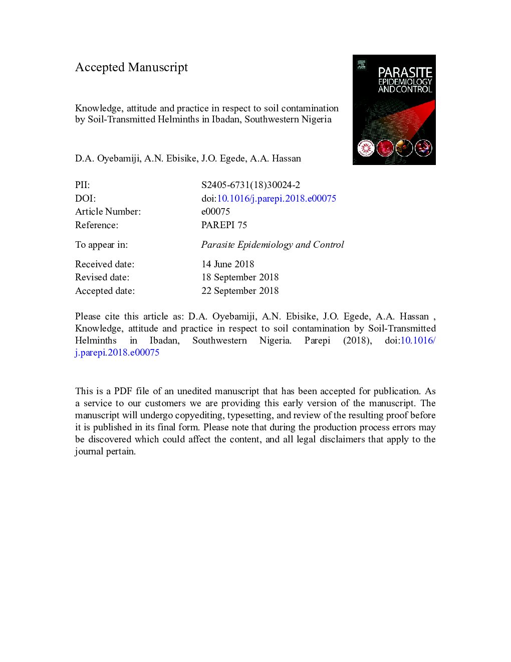 Knowledge, attitude and practice with respect to soil contamination by Soil-Transmitted Helminths in Ibadan, Southwestern Nigeria