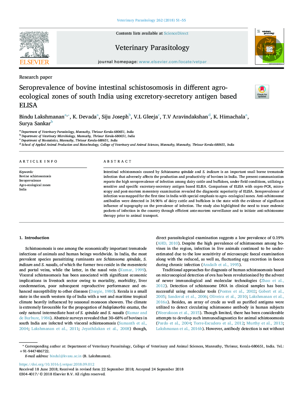 Seroprevalence of bovine intestinal schistosomosis in different agro- ecological zones of south India using excretory-secretory antigen based ELISA
