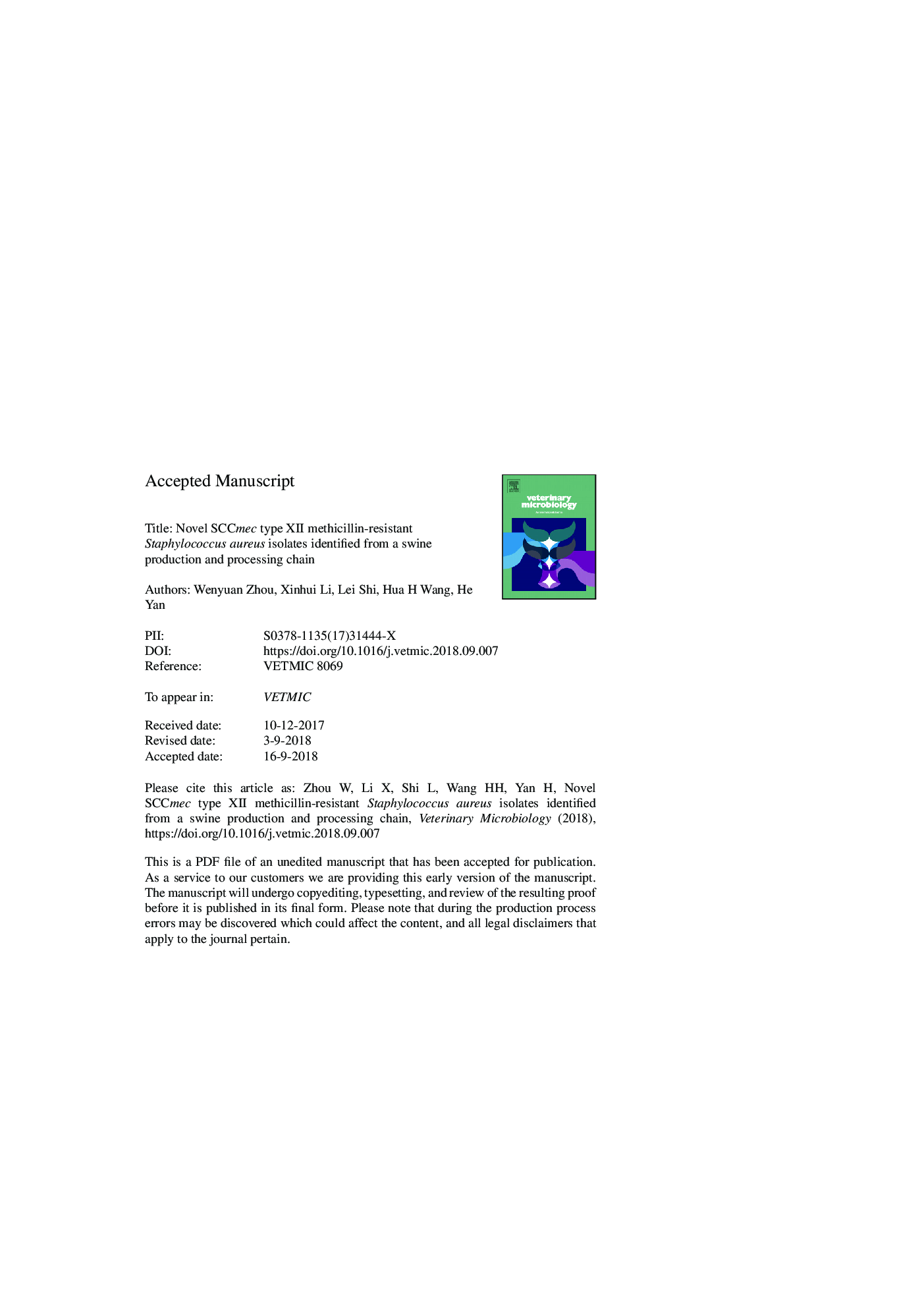 Novel SCCmec type XII methicillin-resistant Staphylococcus aureus isolates identified from a swine production and processing chain