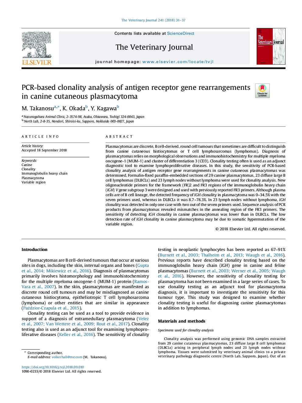 PCR-based clonality analysis of antigen receptor gene rearrangements in canine cutaneous plasmacytoma