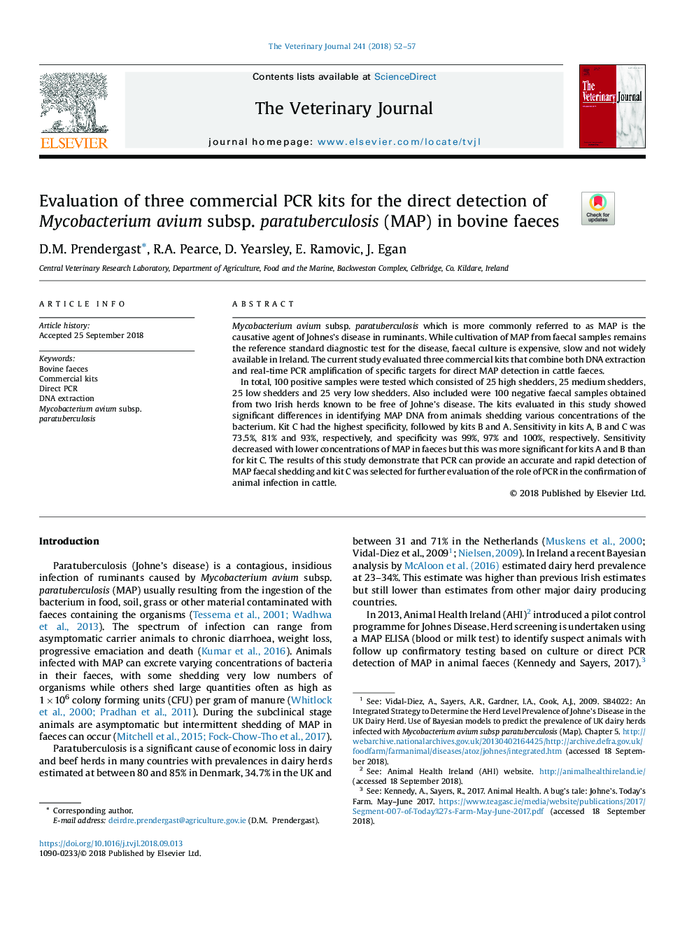 Evaluation of three commercial PCR kits for the direct detection of Mycobacterium avium subsp. paratuberculosis (MAP) in bovine faeces