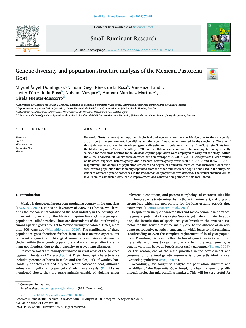 Genetic diversity and population structure analysis of the Mexican Pastoreña Goat