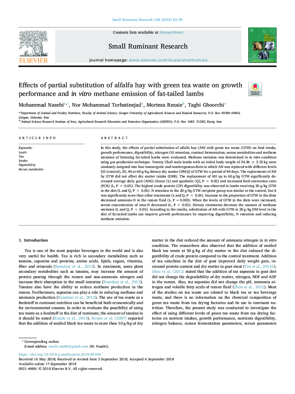 Effects of partial substitution of alfalfa hay with green tea waste on growth performance and in vitro methane emission of fat-tailed lambs