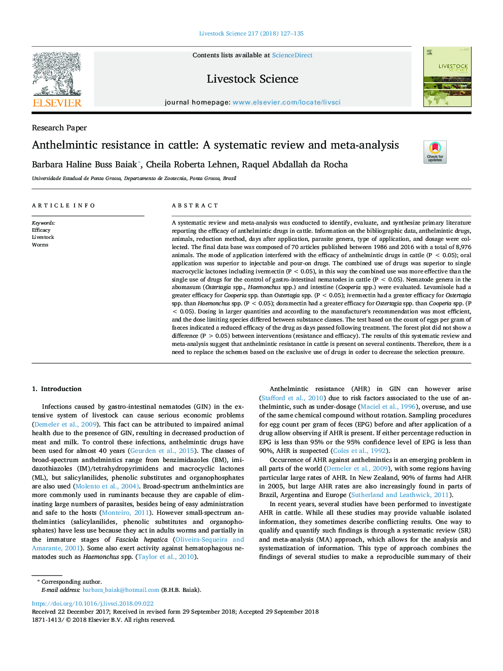 Anthelmintic resistance in cattle: A systematic review and meta-analysis