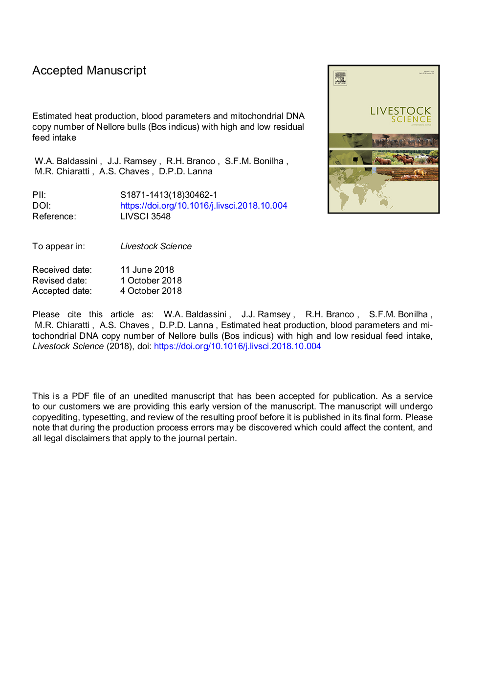 Estimated heat production, blood parameters and mitochondrial DNA copy number of Nellore bulls (Bos indicus) with high and low residual feed intake