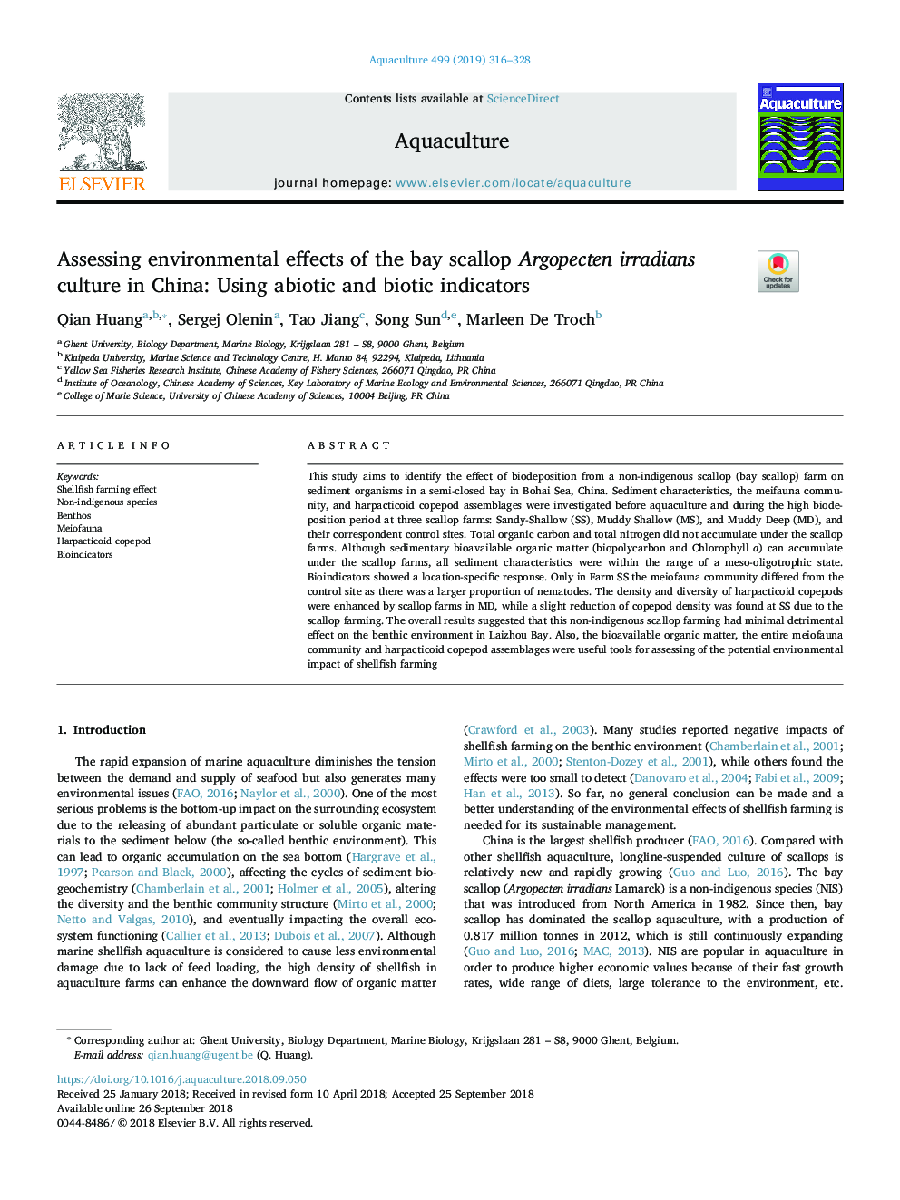 Assessing environmental effects of the bay scallop Argopecten irradians culture in China: Using abiotic and biotic indicators