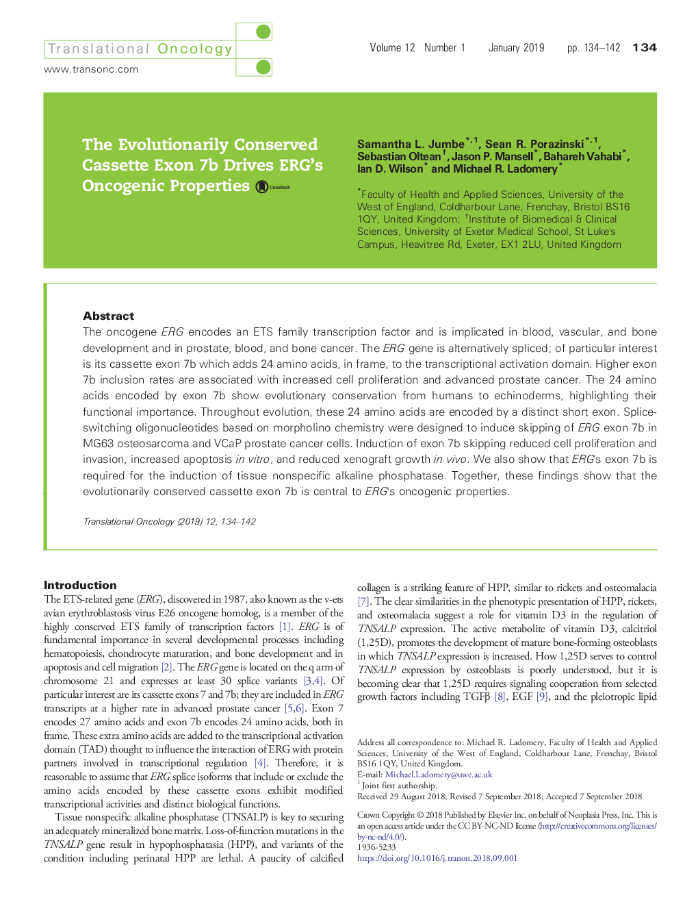 The Evolutionarily Conserved Cassette Exon 7b Drives ERG's Oncogenic Properties