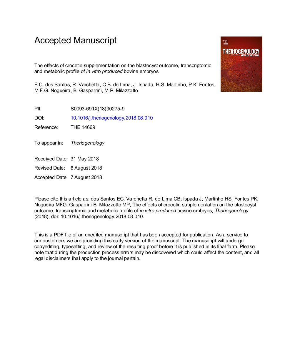 The effects of crocetin supplementation on the blastocyst outcome, transcriptomic and metabolic profile of inÂ vitro produced bovine embryos