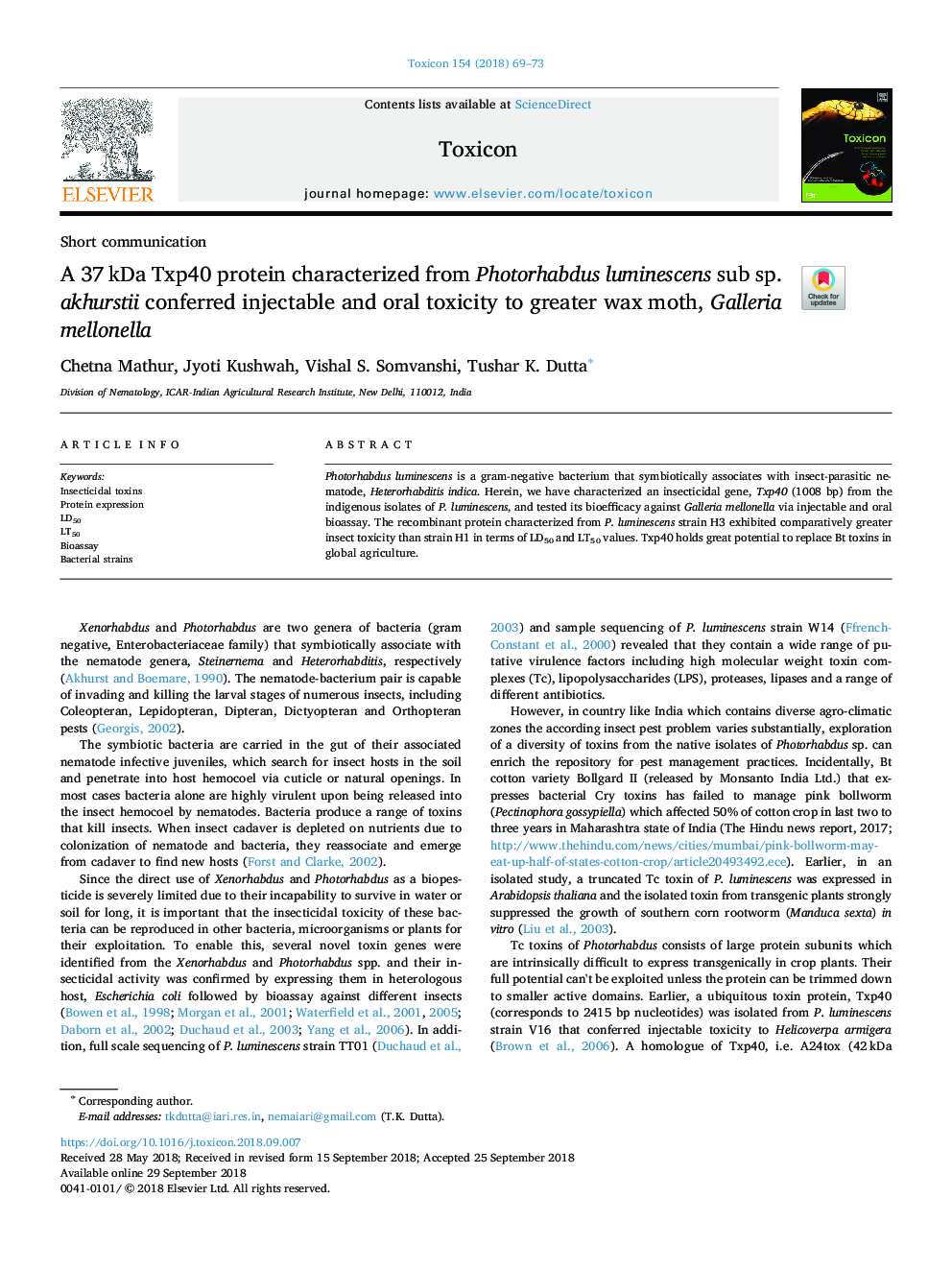 A 37â¯kDa Txp40 protein characterized from Photorhabdus luminescens sub sp. akhurstii conferred injectable and oral toxicity to greater wax moth, Galleria mellonella