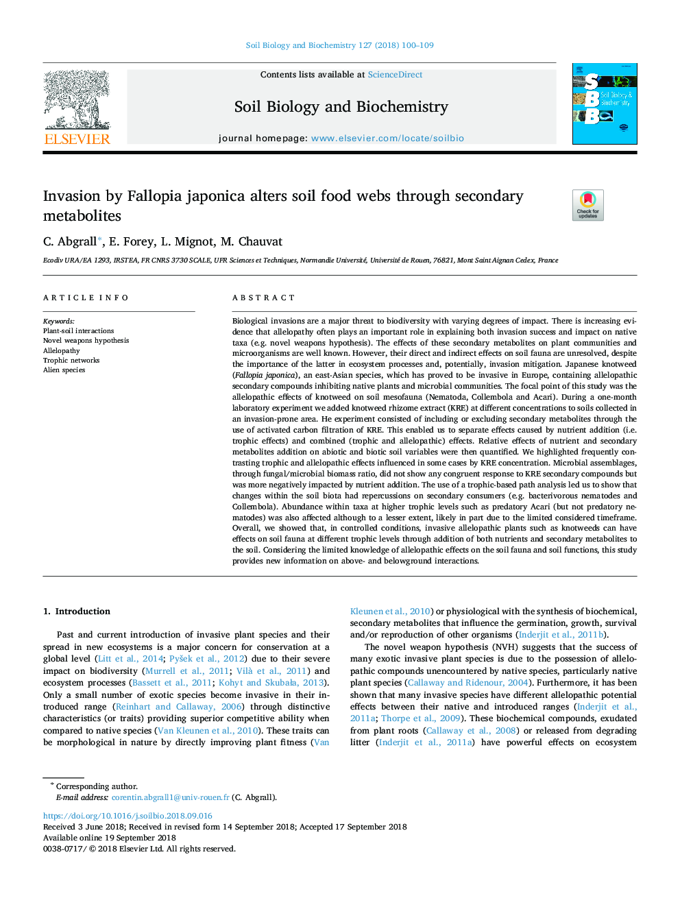 Invasion by Fallopia japonica alters soil food webs through secondary metabolites