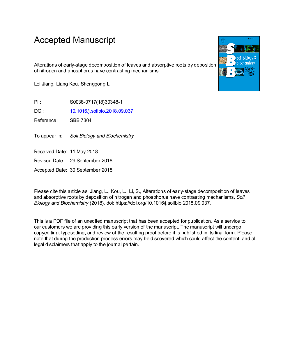 Alterations of early-stage decomposition of leaves and absorptive roots by deposition of nitrogen and phosphorus have contrasting mechanisms