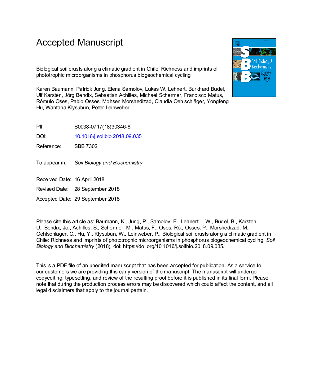 Biological soil crusts along a climatic gradient in Chile: Richness and imprints of phototrophic microorganisms in phosphorus biogeochemical cycling