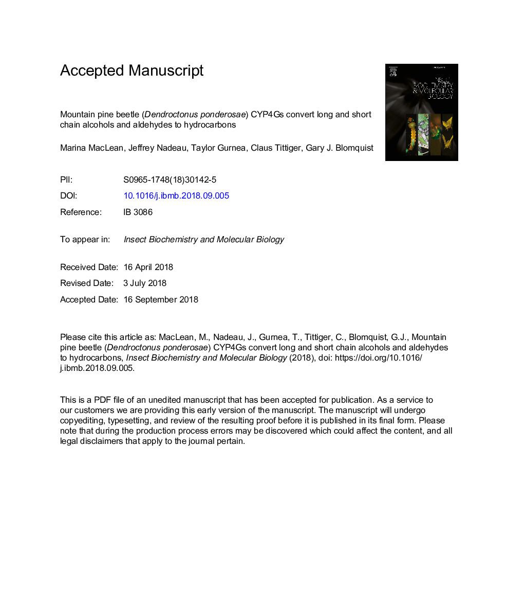 Mountain pine beetle (Dendroctonus ponderosae) CYP4Gs convert long and short chain alcohols and aldehydes to hydrocarbons