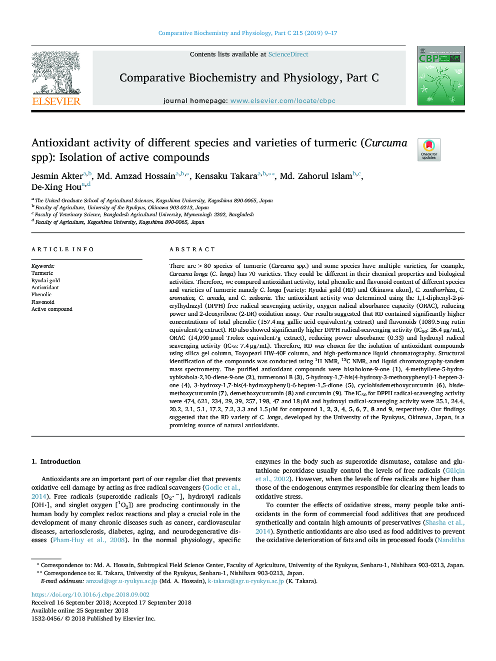 Antioxidant activity of different species and varieties of turmeric (Curcuma spp): Isolation of active compounds