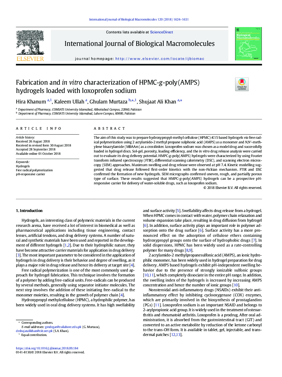 Fabrication and in vitro characterization of HPMC-g-poly(AMPS) hydrogels loaded with loxoprofen sodium