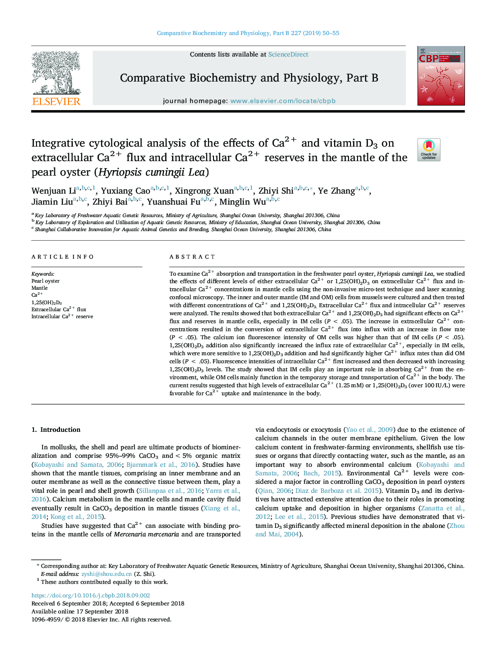 Integrative cytological analysis of the effects of Ca2+ and vitamin D3 on extracellular Ca2+ flux and intracellular Ca2+ reserves in the mantle of the pearl oyster (Hyriopsis cumingii Lea)