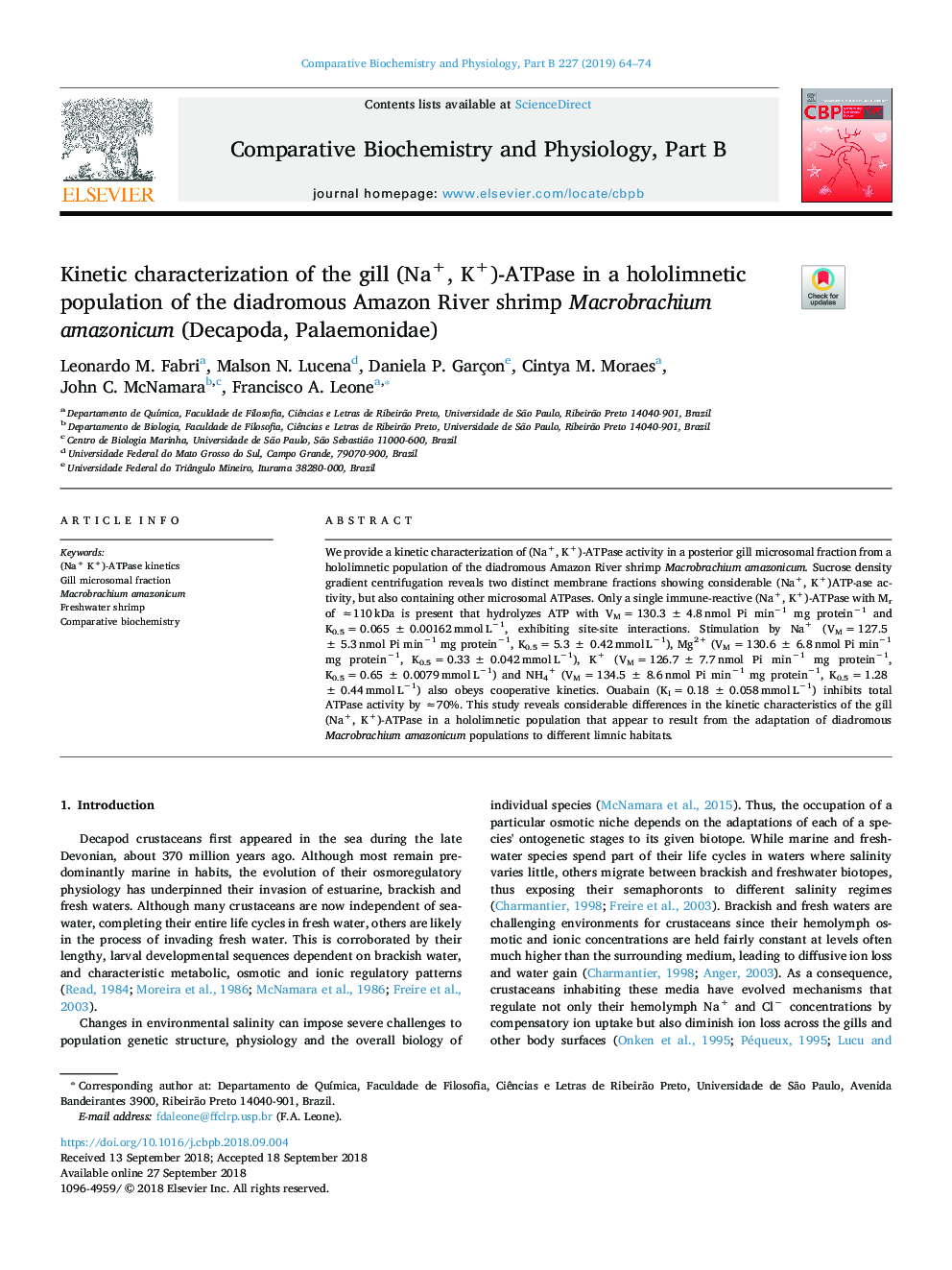 Kinetic characterization of the gill (Na+, K+)-ATPase in a hololimnetic population of the diadromous Amazon River shrimp Macrobrachium amazonicum (Decapoda, Palaemonidae)