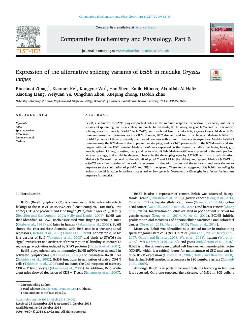 Expression of the alternative splicing variants of bcl6b in medaka Oryzias latipes