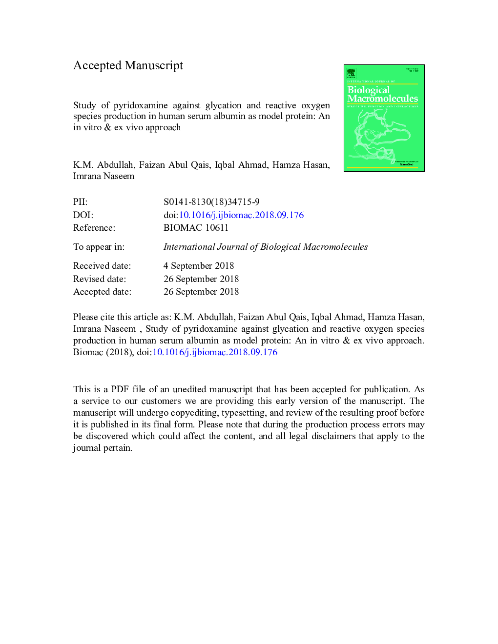 Study of pyridoxamine against glycation and reactive oxygen species production in human serum albumin as model protein: An in vitro & ex vivo approach