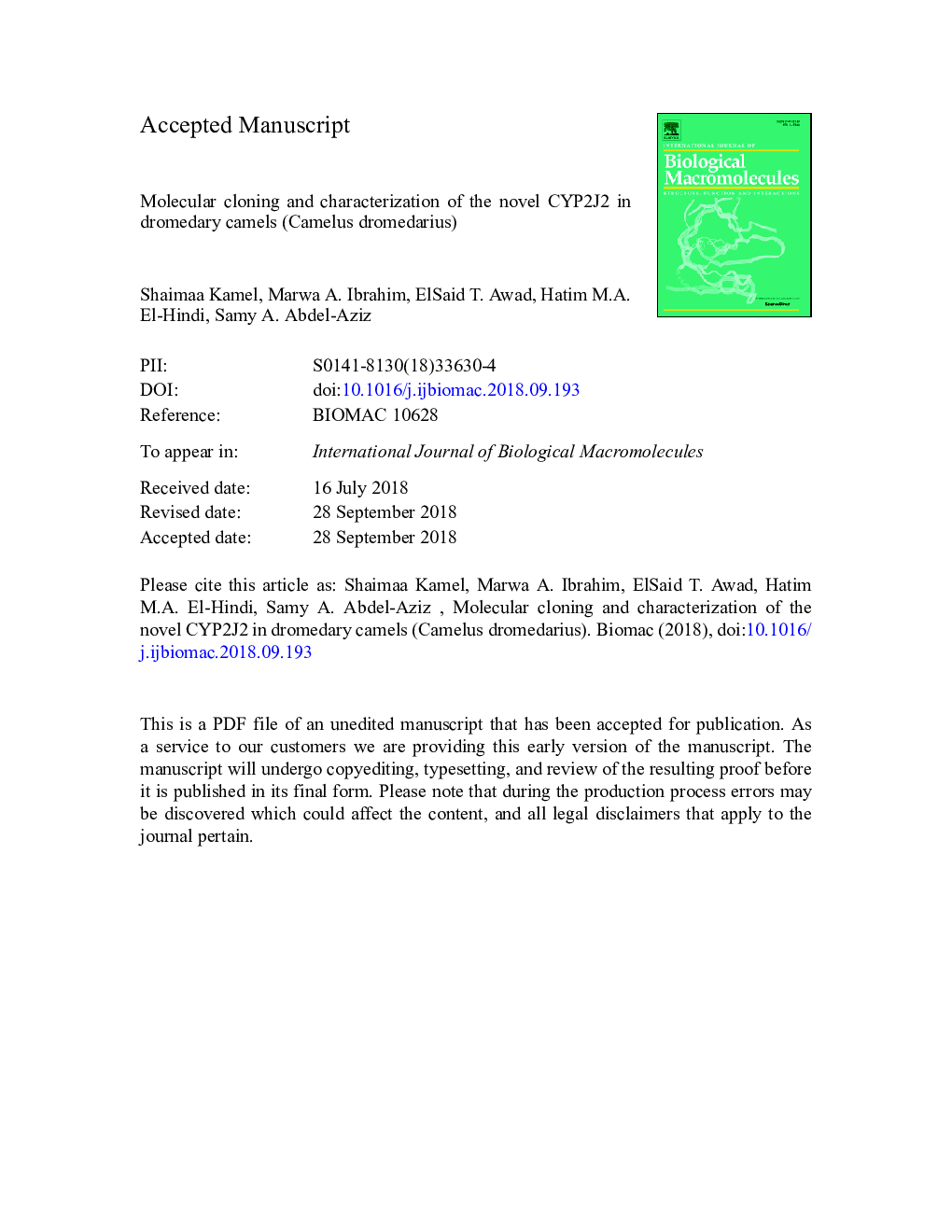 Molecular cloning and characterization of the novel CYP2J2 in dromedary camels (Camelus dromedarius)