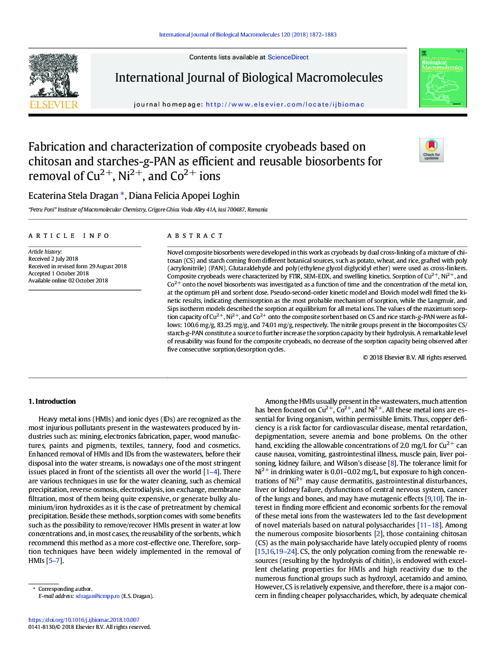 Fabrication and characterization of composite cryobeads based on chitosan and starches-g-PAN as efficient and reusable biosorbents for removal of Cu2+, Ni2+, and Co2+ ions