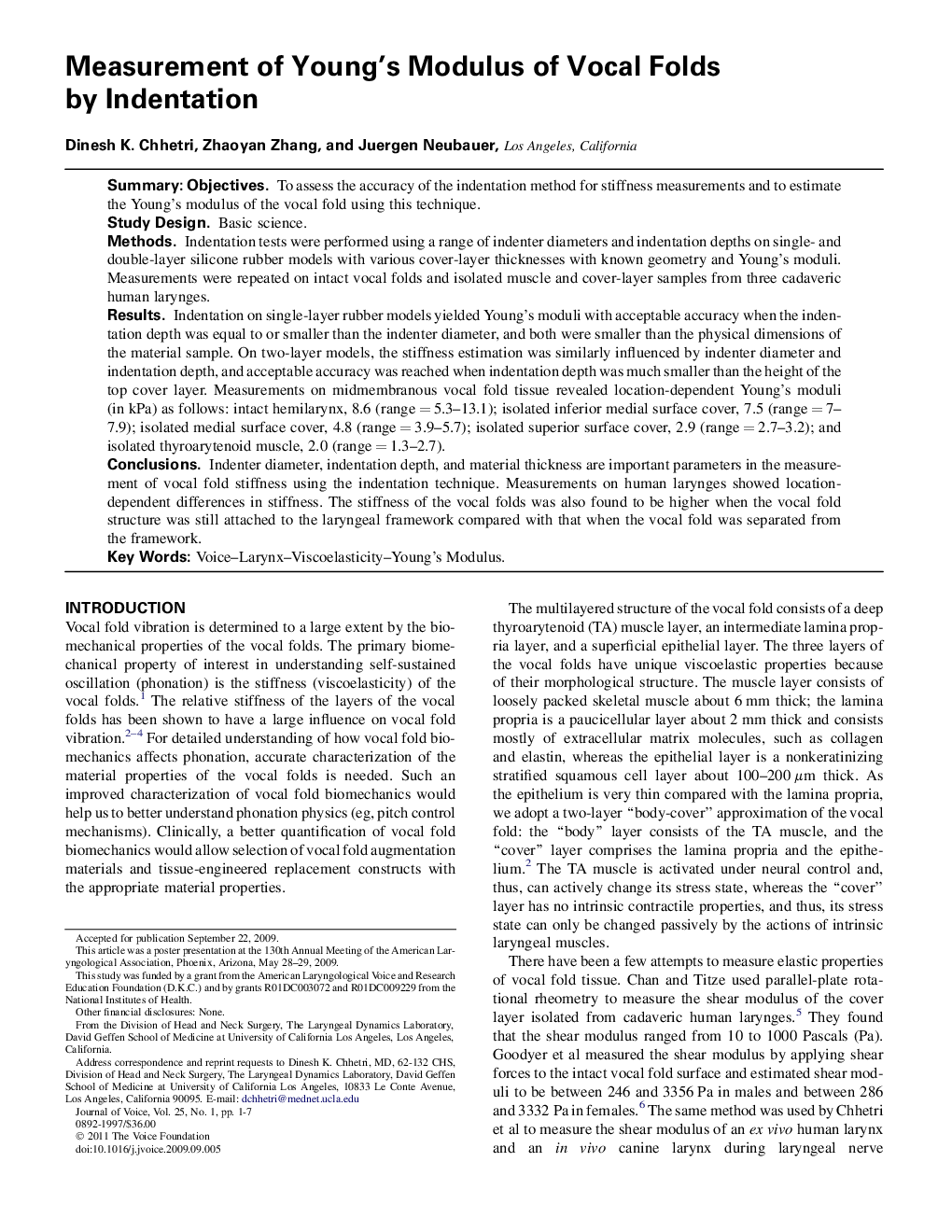 Measurement of Young's Modulus of Vocal Folds by Indentation 