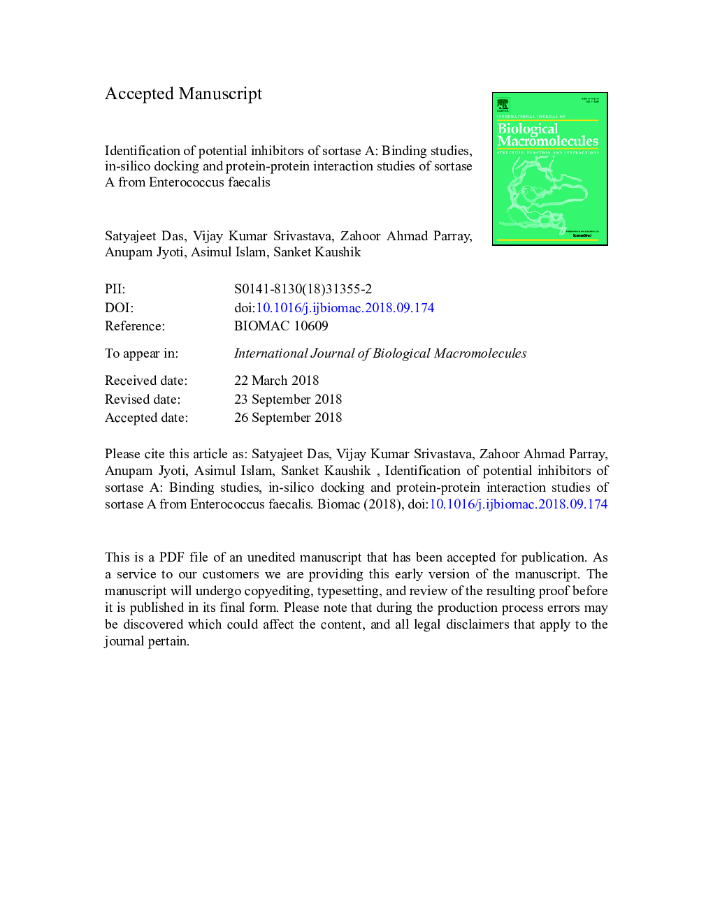 Identification of potential inhibitors of sortase A: Binding studies, in-silico docking and protein-protein interaction studies of sortase A from Enterococcus faecalis