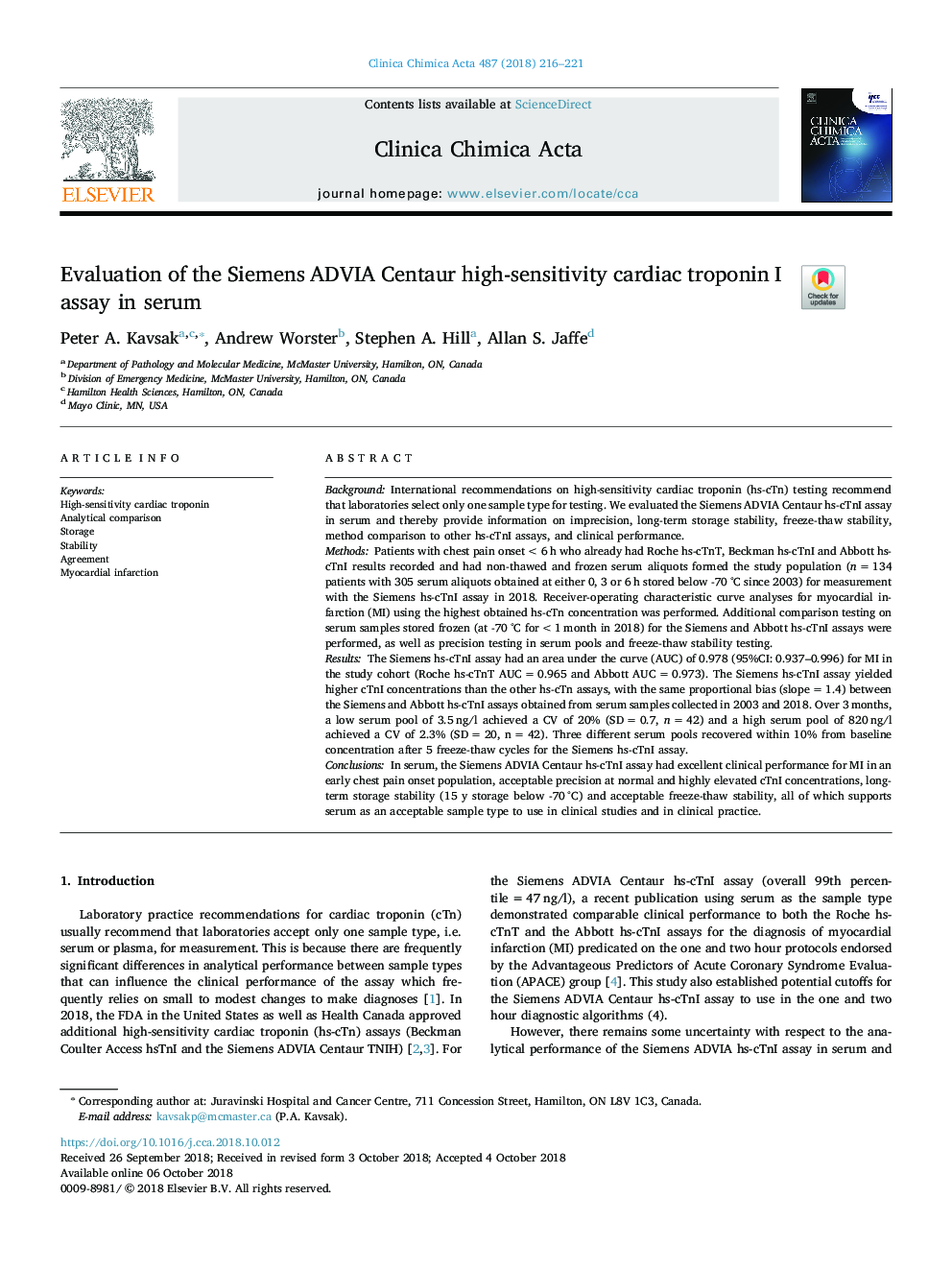 Evaluation of the Siemens ADVIA Centaur high-sensitivity cardiac troponin I assay in serum