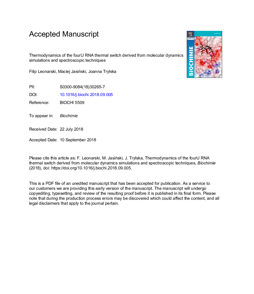 Thermodynamics of the fourU RNA thermal switch derived from molecular dynamics simulations and spectroscopic techniques