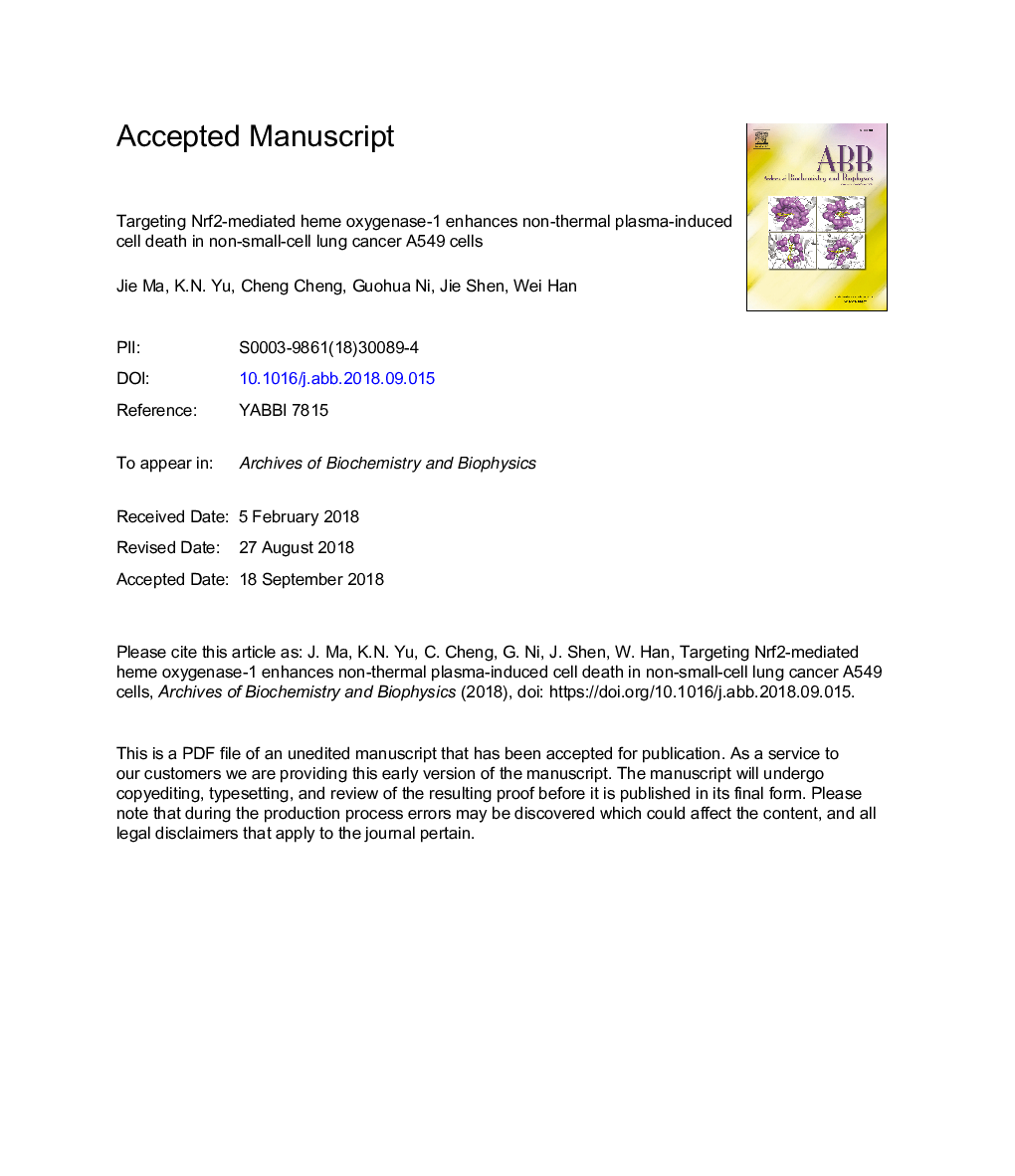 Targeting Nrf2-mediated heme oxygenase-1 enhances non-thermal plasma-induced cell death in non-small-cell lung cancer A549 cells